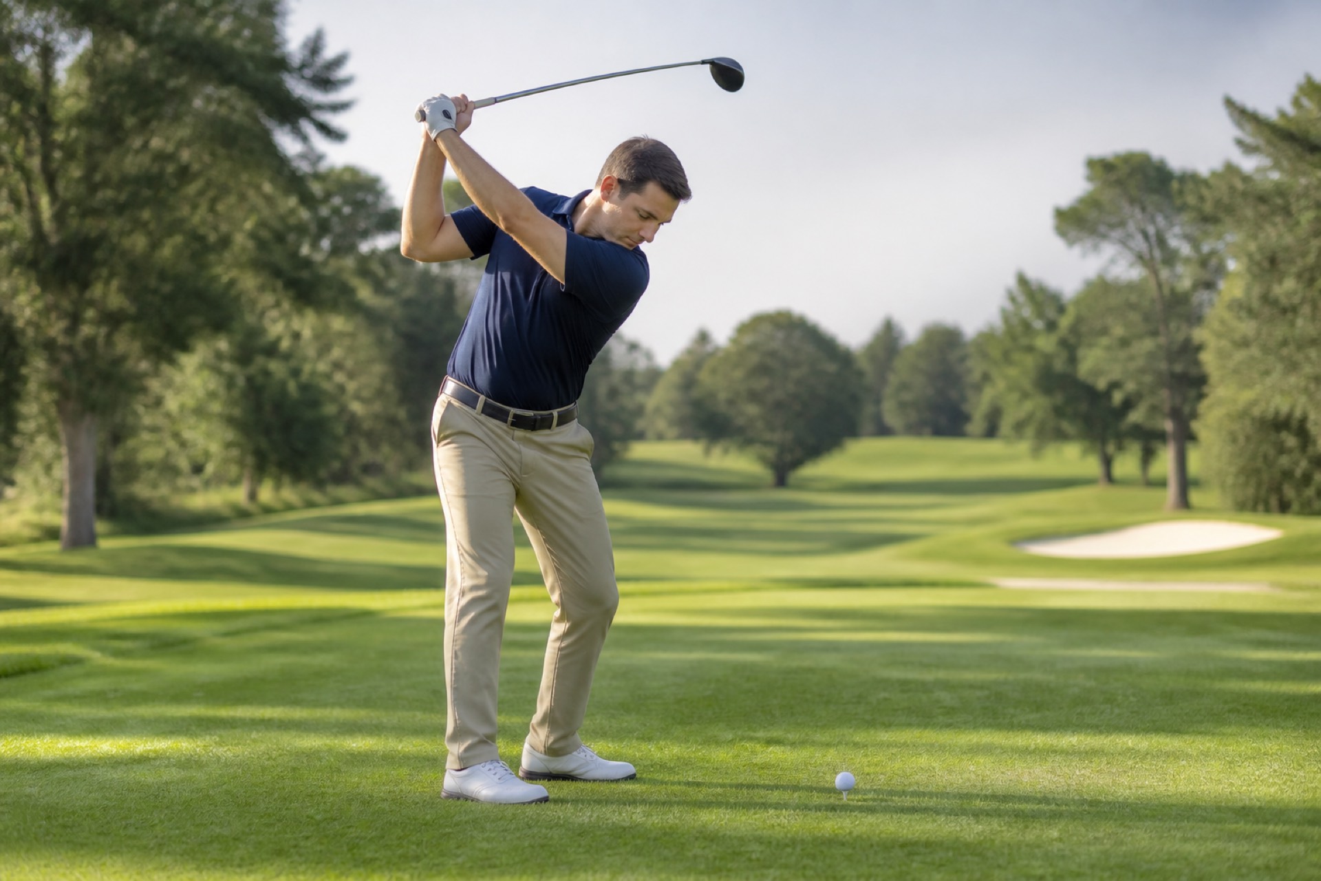 Golfer at the top of a backswing on a sunlit course